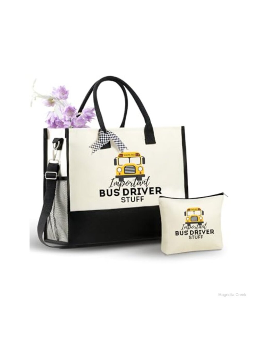 Bus Driver Gift Canvas Tote Bag with Zipper & Makeup Pouch